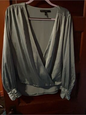 White House Black Market Sage Green Wrap Blouse